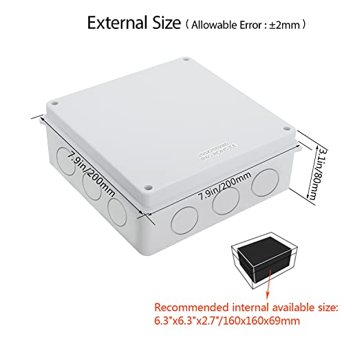 LeMotech Junction Box, Electrical Box IP65 Water Resistant Dustproof ABS Plastic Project Enclosure for Electronics White 7.9 x 7.9 x 3.1 inch - size: 7.9"x 7.9"x 3.1"