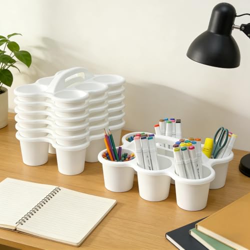 6 Pack Plastic Classroom Caddy Organizer with Handle, 6 Compartment, White - color: White