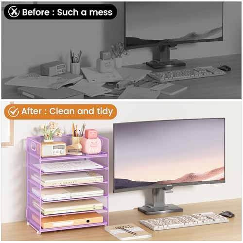 Subekyu 6 Tier Paper File Tray Organizer for Desk, Purple Mesh Desk Letter Paper File Folder Accessories Sorter Organizer with Handle, Stackable Slide Tray for Office, Home or School Supplies Storage - color: Purple