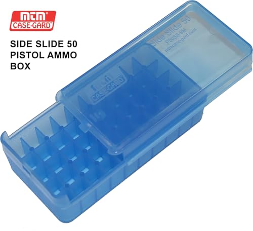 MTM Case-Gard P50SS-9M-24 Side Slide Ammo Box, 50 Round 9mm Luger 380 ACP 30 Luger 30 S Carry 32 S&W 9mm Makarov, USA Made, Clear Blue - color: Clear Blue