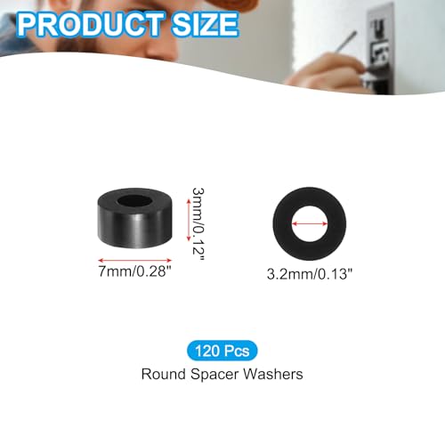 PATIKIL M3 Black ABS ID 3.2mm,OD 7mm,Length 3mm, Nylon Round Spacer Washers, 120Pcs Plastic Standoff Rubber Nut Unthreaded for M3 Screws Electrical Outlet Switch Receptacle - size: 3.2mm x 7mm x 3mm