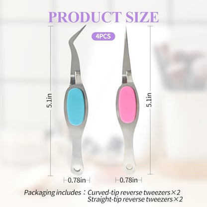 4PCS Reverse Tweezers Craft Tweezers with Soft Grip Crossing Lock for Crafting Precision Tools for Stickers, Jewelry Repair, and DIY Projects (Straight & Curved Tips) - size: 4PCS