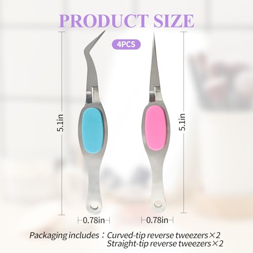 4PCS Reverse Tweezers Craft Tweezers with Soft Grip Crossing Lock for Crafting Precision Tools for Stickers, Jewelry Repair, and DIY Projects (Straight & Curved Tips) - size: 4PCS