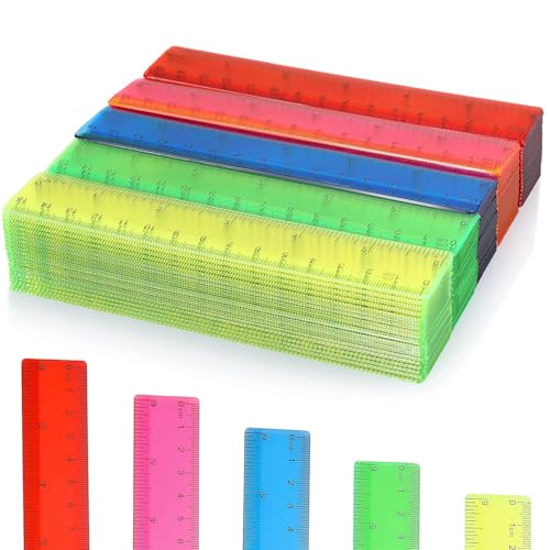Zonon 200 Pcs 6 Inch Plastic Rulers Bulk Flexible Dual Transparent Colorful - color: Transparent Bright Color