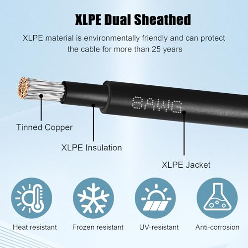 8 AWG Solar Extension Cable 200FT Black + 200FT Red, 8 Gauge Solar Panel Wire Male to Female Tinned Copper Wire for Solar Panel, Automotive, RV, Boat, Outdoors - size: 8AWG 200FT