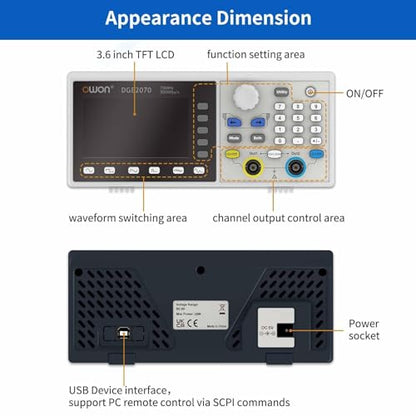 OWON DGE2070 70MHz Dual Channel Arbitrary Waveform Generator, 300MSa/s Sampling Rate, 14-Bit Resolution, 150 Built-in Waveforms, 3.6” LCD, Portable Signal Generator for Lab & Electronics Testing - style: O-DGE2070