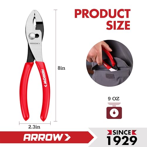 ARROW 8" Slip Joint Pliers, Pliers Tool with Thick Dip-Grip Handle, Strong Grip Jaws, High Carbon Steel, Pliers for Gripping, Loosening Nuts and Bolts, Cutting Steel Wire (Pack of 2) - size: 8 Inch (Pack of 2)