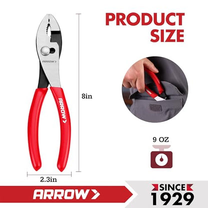 ARROW 8" Slip Joint Pliers, Pliers Tool with Thick Dip-Grip Handle, Strong Grip Jaws, High Carbon Steel, Pliers for Gripping, Loosening Nuts and Bolts, Cutting Steel Wire (Pack of 2) - size: 8 Inch (Pack of 2)