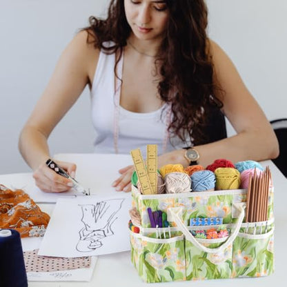 Craft Organizer Tote Bag with Multiple Pockets,Green Leaves Tulips - color: Green Leaves Tulips
