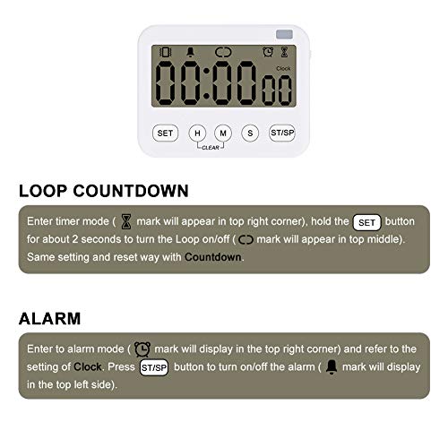 Stonylab 2pk Digital Timer Clock, 2 Pack Premium Multi-Function Digital Clock Countdown Timer Kitchen Event Timer with Alarm, Magnetic Back Big Digits Display Vibration/Flashlight/Sound Alarm