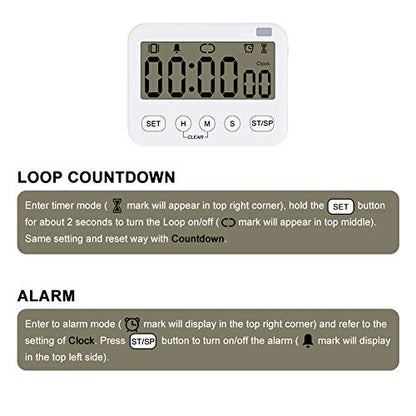 Stonylab 2pk Digital Timer Clock, 2 Pack Premium Multi-Function Digital Clock Countdown Timer Kitchen Event Timer with Alarm, Magnetic Back Big Digits Display Vibration/Flashlight/Sound Alarm