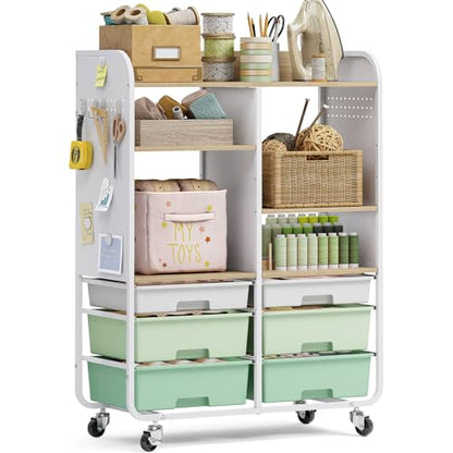 APEXCHASER 6 Drawers Rolling Storage Cabinet with Wood Top& Pegboards Green - color: Green