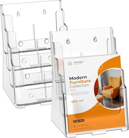FUCDTEFC 2 Pack Acrylic Brochure Holder 8.5x11 & 4 x9 Inches, Clear 4 Tier Magazine Holder Brochure Display Stand w Removable Divider, Literature Pamphlet Flyer Holder for Wall Mount or Countertop - size: 2 Pack 4-Tier Brochure Holder