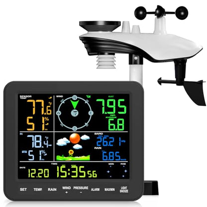 Weather Station Wireless Indoor Outdoor, Wireless Weather Station with Digital Display, Rain Gauge, Wind Speed, Air Pressure, Temperature, Humidity, Weather Forecast & Adjustable Backlight - No WiFi