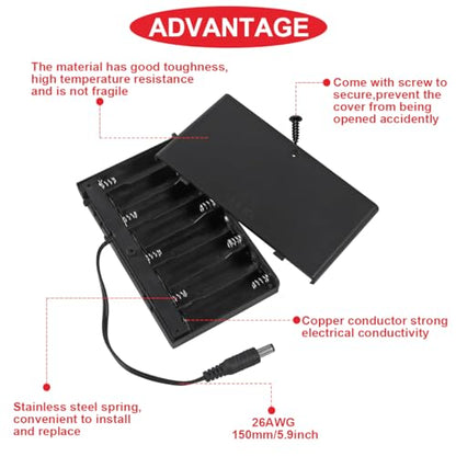 2Pcs 8 AA 12V Battery Holder with Cover (Batteries are Not Included), with 2.1mm x 5.5mm DC Plug Switch,ON/Off Switch, Screw,Female DC Power Pigtail Cable Plug,for Arduino RC LED Strip - color: O.8AA 12V Battery Holder Cover With DC Plug Switch