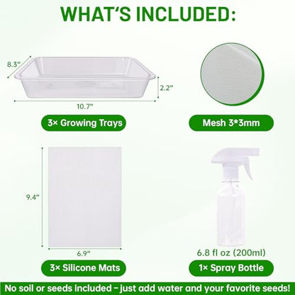 Acrylic Microgreens Growing Trays 3-Pack with Silicone Mats & Spray Bottle – Clear Hydroponic Germination Kit for Vegetables, Wheatgrass, Cat Grass – Soilless Trays for Home Kitchen & Classroom