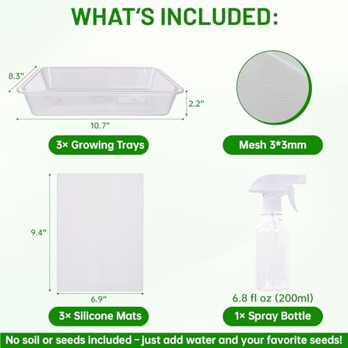 Acrylic Microgreens Growing Trays 3-Pack with Silicone Mats & Spray Bottle – Clear Hydroponic Germination Kit for Vegetables, Wheatgrass, Cat Grass – Soilless Trays for Home Kitchen & Classroom