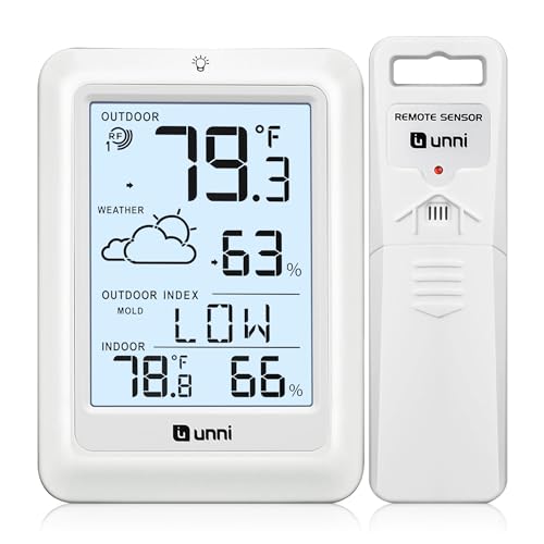 Indoor Outdoor Thermometer Wireless Weather Station, Temperature Humidity Monitor Battery Powered Inside Outside Thermometers with 330ft Range Remote Sensor and Backlight Display（WH01） - color: White