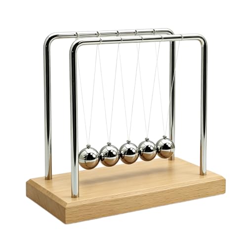 Newtons Cradle Balance Pendulum Balls, Swinging Kinetic Balls with Beech Base, Science Physics Educational Learning Tool, Office Home Creative Decoration, Stress Relief Fidget Desk Toy (Medium) - size: Beech Base Medium - 5 Balls