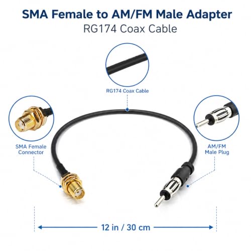 SMA Female to AM/FM Male Adapter RG174 Coax Cable 12 inches Pigtail Jumper RF coaxial Cable for Radio Antenna