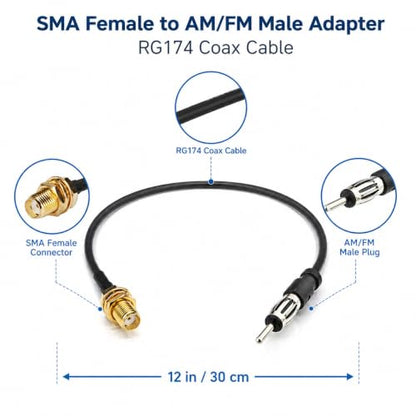SMA Female to AM/FM Male Adapter RG174 Coax Cable 12 inches Pigtail Jumper RF coaxial Cable for Radio Antenna