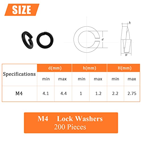 HELIFOUNER 200 Pieces 8.8 Grade Alloy Steel M4 Split Lock Washers, Spring Lock Washers for Screws Bolts, Black - color: Black, size: M4 (200 PCS)