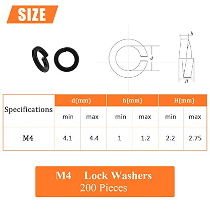 HELIFOUNER 200 Pieces 8.8 Grade Alloy Steel M4 Split Lock Washers, Spring Lock Washers for Screws Bolts, Black - color: Black, size: M4 (200 PCS)