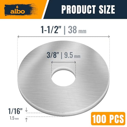 ALBO 100 Pcs 3/8" x 1-1/2" 304 Stainless Steel Fender Flat Washers - size: 3/8"x1-1/2" - 100pcs