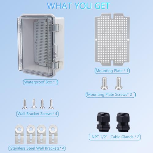 IP67 Waterproof Junction Box, ABS Plastic Electrical Enclosure with Stainless Steel Latch, Hinged Cover Electric Box with Mounting Plate, Wall Brackets & Cable Glands 175x125x90 - color: Clear, size: 6.9"x4.9"x3.5" Standard