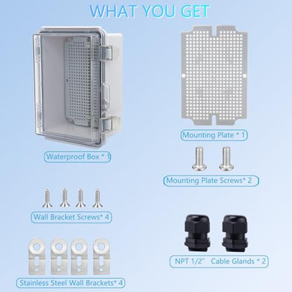 IP67 Waterproof Junction Box, ABS Plastic Electrical Enclosure with Stainless Steel Latch, Hinged Cover Electric Box with Mounting Plate, Wall Brackets & Cable Glands 175x125x90 - color: Clear, size: 6.9"x4.9"x3.5" Standard