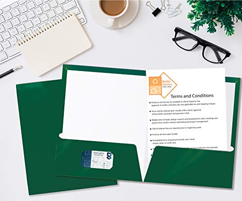 Better Office Products 2 Pocket Glossy Laminated Dark Green Paper Folders, Box of 25, Letter Size, Dark Green Paper Portfolios - color: Dark Green