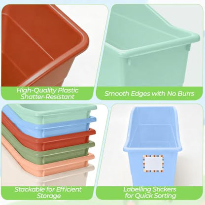 12 Pack Book Bins for Classroom Stackable Plastic Storage with Labels - color: Macaron