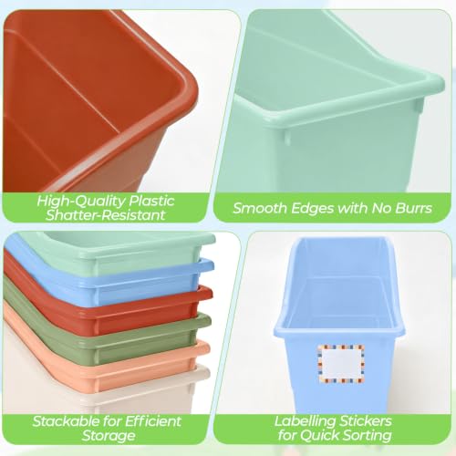 12 Pack Book Bins for Classroom Stackable Plastic Storage with Labels - color: Macaron