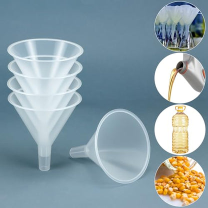 QWORK Plastic Funnels with Long Spout, 6 Pack 4.6 inch Clear Wide-Mouth Bottle Filling Set, Stackable Space-Saving for Water, Juice, Paint, Science Lab, Kitchen, Travel