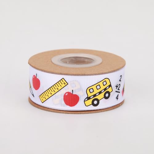 Meseey Back to School Themed Grosgrain Ribbon Ruler School Bus Apple ABC Pencil Backpack Books Chalkboard Printed Craft Ribbons for Teacher Appreciation,Wreath,Gift Wrapping (White) - color: White