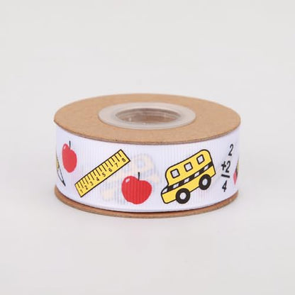 Meseey Back to School Themed Grosgrain Ribbon Ruler School Bus Apple ABC Pencil Backpack Books Chalkboard Printed Craft Ribbons for Teacher Appreciation,Wreath,Gift Wrapping (White) - color: White