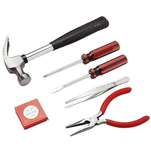 Hand Tool Set,Includes – Hammer, Screwdriver Set, Pliers (Tool Kit for the Home, Office, or Car) (Red) - color: Red