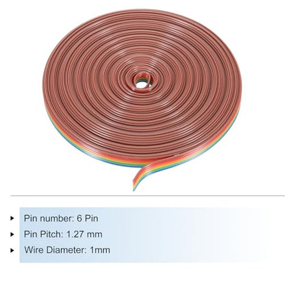 MECCANIXITY 1 Pcs 6 Pin Flat Rainbow Ribbon Cable 30 Ft 1.27mm Pitch Breadboard Jumper Wires for Electronic Projects - size: 30 Ft, style: 6P