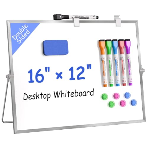 Desktop Whiteboard with Stand 16" x 12", Double-Sided Magnetic Dry Erase Board for Desk, 360° Rotating Tabletop Whiteboard with Markers and Magnets for Home, Office, School