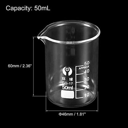 PATIKIL 3Pcs 50ml Low Form Glass Beaker, 3.3 Borosilicate Glass Graduated Printed Scale Measuring Cups with Spout for Kitchen Lab Liquids - size: 50ml