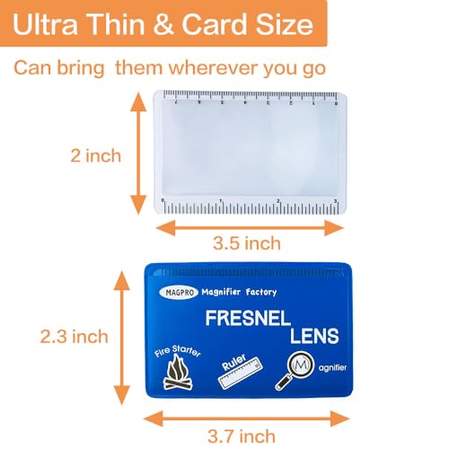 MagDepo 6 Pack Credit Card Size Magnifier Ruler Fire Starter Magnifying Glass Wallet Pocket Magnifier for Reading Small Print, Map, and Book-Blue - color: Sky Blue