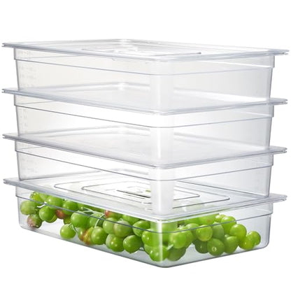 CURTA 4-Pack Full Size 4" Deep NSF Polycarbonate Food Pans with Handled Lids & Drain Trays | Dishwasher & Freezer Safe Clear Container for Prep Tables, Buffet, Salad Bar, Commercial & Home Kitchen - color: Full Size, size: 4" Deep Pan with Lid