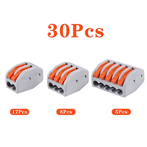 30 PCS Lever Wire Electrical Connectors Nuts Assortment Kit with 28-12 AWG, Multiple Stud2/3/5 Conductor Combination Compact, Electrical Insulated Terminals, Quick Disconnect Splicing - size: 30 PCS