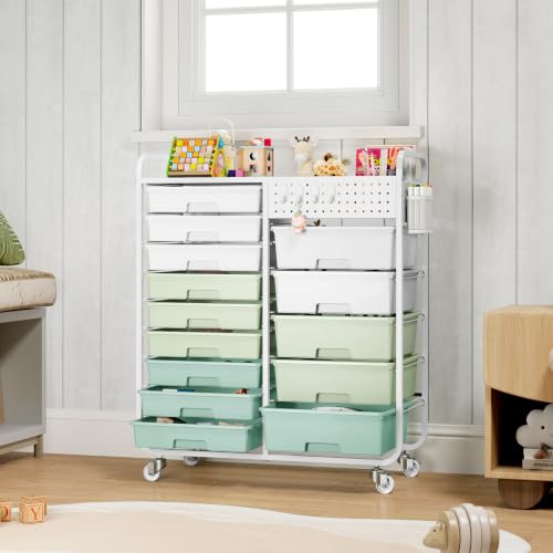 14 Drawer Rolling Storage Cart with Tabletop and Pegboard for Crafts Green - color: Green