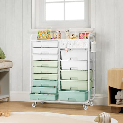 14 Drawer Rolling Storage Cart with Tabletop and Pegboard for Crafts Green - color: Green
