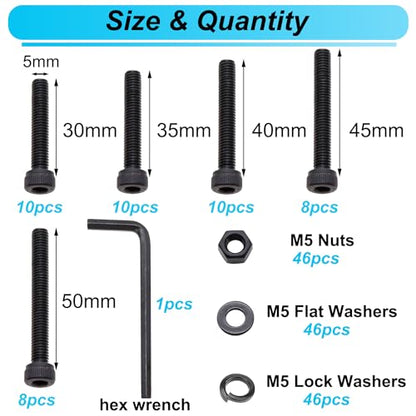 185PCS Black M5 Hex Socket Head Cap Screws, M5 x 30/35/40/45/50mm Metric Screws Bolts Nuts Washers Assortment Kit with Hex Wrench, 12.9 Grade Alloy Steel - color: BK-M5 x 30-50mm/