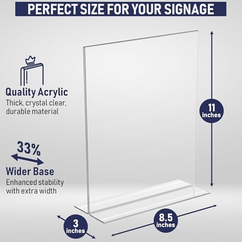 Acrylic Sign Holder 8.5 x 11, T-Shape Tabletop Display Stand, Double-Sided Bottom Load Portrait Frame, Menu and Ad Holder for Restaurants, Promotions, Photos, or Classrooms, Durable Design (3 Pack)