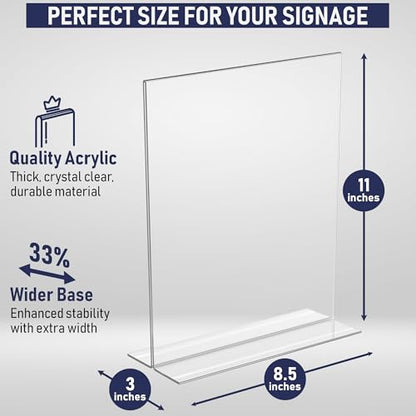 Acrylic Sign Holder 8.5 x 11, T-Shape Tabletop Display Stand, Double-Sided Bottom Load Portrait Frame, Menu and Ad Holder for Restaurants, Promotions, Photos, or Classrooms, Durable Design (3 Pack)