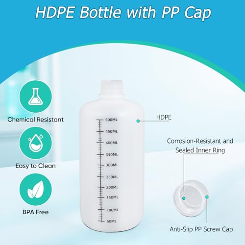 16oz/500ml Narrow Mouth Plastic Bottles with Caps, HDPE Laboratory Grade Graduated Liquid Containers for Reagent Sample Medicine Water Storage (Translucent, 4 Pcs) (Pack of 2) - size: 16 Ounces (Pack of 2)