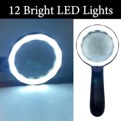 Magnifying Glass with Light, 10X Lighted Magnifier Handheld, Large Magnifying Glass for Reading, Seniors, Macular Degeneration, Elderly